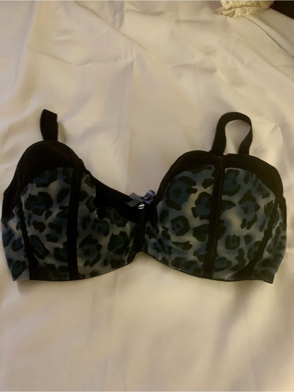 Blue Leopard Print Underwire Bra with Black Trim and Bow #0132